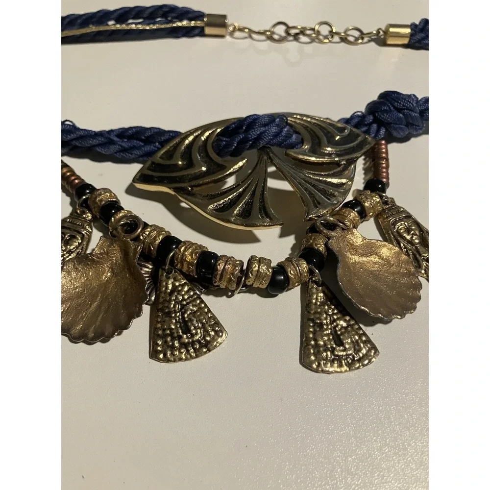 Navy‎ Blue Rope Belt with Gold Shell Charms, Vintage Statement Adjustable Waist